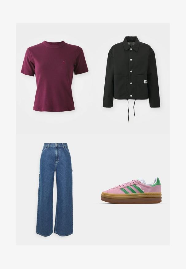 Svart kort jacka i slitstarkt tyg. Har en klassisk krage, silverfärgade tryckknappar, två framfickor och justerbar dragsko i fållen.; Kortärmad ribbad bordeaux T-shirt med rund hals och subtilt broderad logotyp på vänster bröst.; Breda ljusblå denimbyxor med hög midja, kontrasterande sömmar och sidofickor, som har en klassisk femficksdesign och råa kanter.; Rosa mockaskor med gröna ränder, vita accenter och en brun gummisula. Har ett strukturerat tyg och logodetaljer på sidan.
