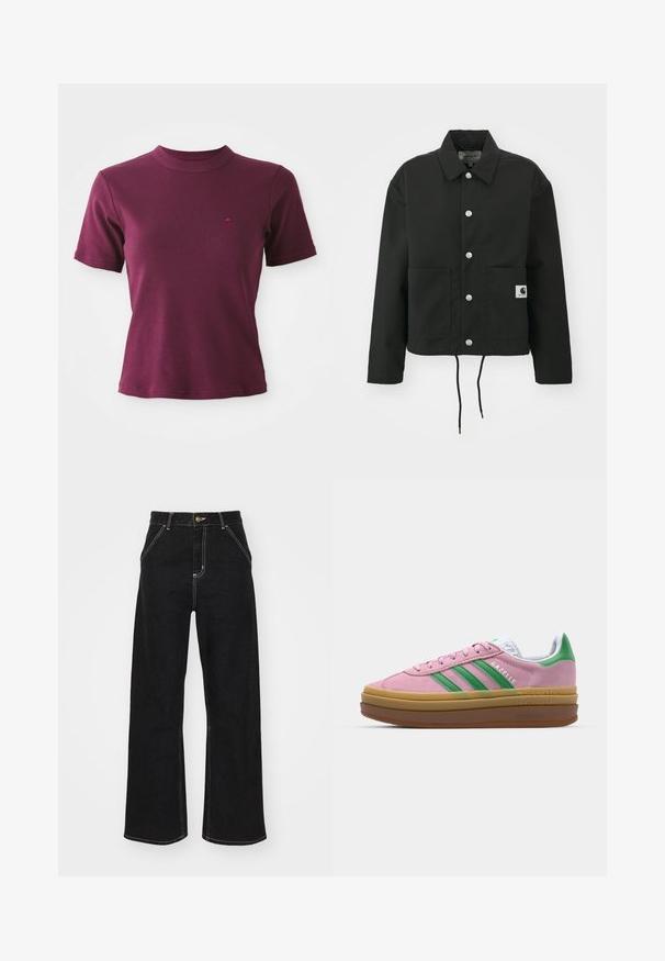 Casaco cropped preto feito de tecido durável. Apresenta um colarinho clássico, botões de pressão prateados, dois bolsos frontais e bainha ajustável com cordão.; T-shirt de manga curta em bordeaux, com gola redonda e um discreto logótipo bordado no lado esquerdo do peito.; Calças de ganga largas pretas, com costuras brancas em contraste e fecho frontal com botão, apresentando dois bolsos frontais inclinados.; Ténis de camurça rosa com riscas verdes, detalhes brancos e sola de borracha castanha. Apresenta tecido texturizado e detalhes de logótipo na lateral.