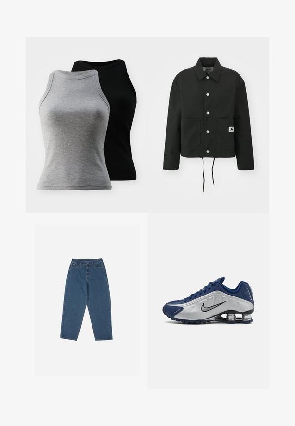 Must must ümber lõikega must jakk, mis on valmistatud vastupidavast kangast. Omab klassikalist kraed, hõbedasi tõmblukke, kahte esist taskut ja reguleeritavat nööriga hemmi.; Kaks ilma varrukat ribel-sinine T-särk hallis ja mustas värvitoonis. Neil on ümmargune kaelus ja naha lähedane siluett, mis on valmistatud pehmest puuvillasegust.; Sinised teksased, mis on lõdva lõikega, kõrge vöökohaga, viie tasku disainiga ja õmblusaktsentidega. Omab nupuga ja tõmblukuga sulgemist.; Sinine ja hõbedane spordijalats, millel on tekstuuriga pealis, perforatsioonid ja kõver tallaga, mis sisaldab metallilisi pehmenduselemente. Must logoaktsent.