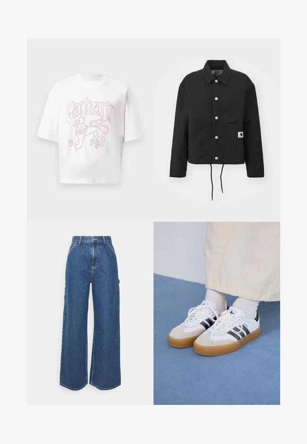 Schwarz gekürzte Jacke aus strapazierfähigem Stoff. Mit klassischem Kragen, silbernen Druckknöpfen, zwei Fronttaschen und verstellbarem Kordelzug am Saum.; Weißes T-Shirt mit kurzen Ärmeln, mit rotem umrandetem Löwenmotiv und stilisiertem "Carhartt"-Text auf der Brust.; Weite blaue Denim-Hosen mit hoher Taille, kontrastierenden Nähten und Seitentaschen, ausgestattet mit einem klassischen Five-Pocket-Design und rohen Säumen.; Weiße Sneaker mit schwarzen Streifen und beigen Wildlederakzenten. Besitzen eine strukturierte Gummisohle und flache weiße Schnürsenkel, getragen mit hellen Socken.