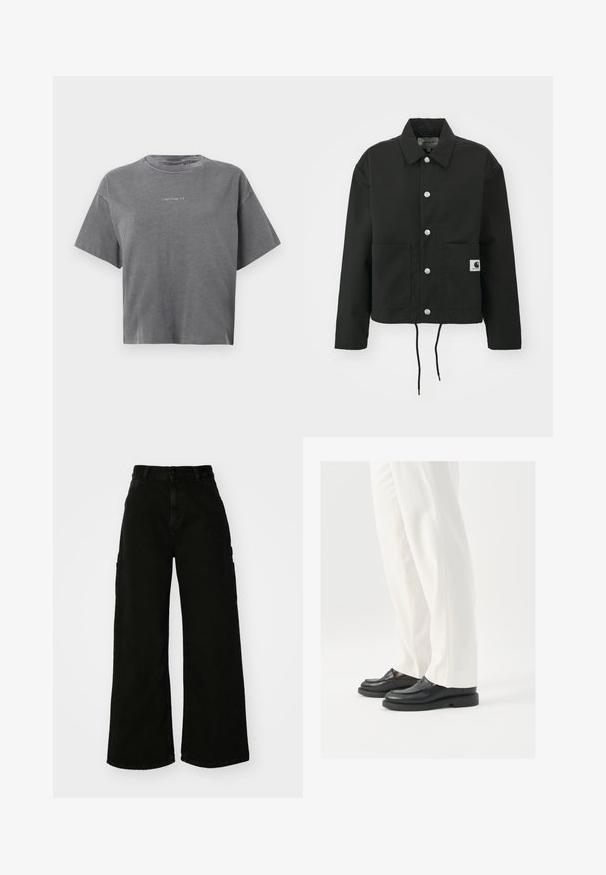 Sort cropped jakke lavet af slidstærkt stof. Har en klassisk krave, sølvfarvede trykknapper, to frontlommer og justerbar snoretræk i nederste kant.; Grå kortærmet cropped T-shirt med rund hals og lille centreret hvid "carhartt" logo foran.; Sort brede cargo-bukser lavet af denim, med høj talje, frontknaplukning og sidelommer. Glat tekstur med minimal syning.; Sorte læder loafers med en glat overflade, syninger og en rund tå, parret med hvide skræddersyede bukser.
