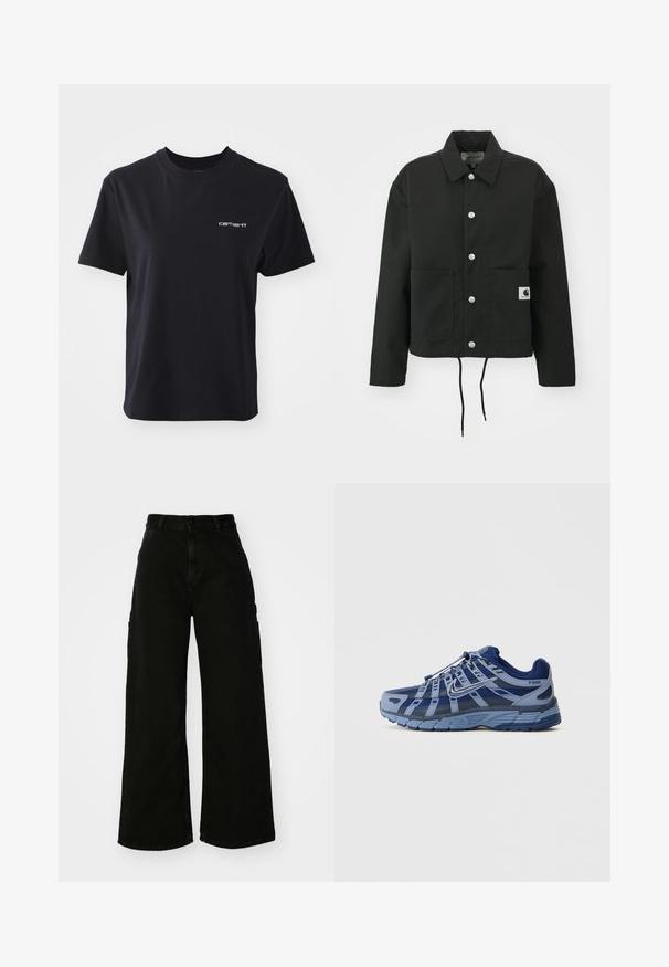 Jachetă neagră scurtă, fabricată dintr-un material durabil. Prezintă un guler clasic, nasturi cu clipsuri argintii, două buzunare frontale și un tiv ajustabil cu șnur.; Tricou din bumbac negru cu guler rotund, mâneci scurte și logo-ul alb "carhartt" pe pieptul stâng. Textură netedă, croi standard.; Pantaloni cargo negri, cu pantaloni largi din denim, având talie înaltă, închidere cu fie-button în față și buzunare laterale. Textură netedă cu cusături minime.; Adidași atletici albaștri și gri, cu un superior din plasă, talpă din cauciuc și un design stratificat cu accente reflectorizante. Numele modelului: P-6000.