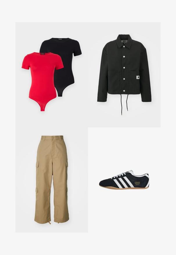 Černá zkrácená bunda vyrobená z odolné tkaniny. Obsahuje klasický límec, stříbrné cvoky, dvě přední kapsy a nastavitelné stahování v dolní části.; Even&Odd 2 PACK - Jednoduché tričko - black/red; Béžové cargo kalhoty s vysokým pasem, širokými nohavicemi a čtyřmi velkými bočními kapsami. Vyrobené z odolné tkaniny s hladkým povrchem a minimálními detaily.; Černé semišové tenisky s bílými třemi pruhy, zlatým logem a hnědou gumovou podrážkou. Mají nízkoprofilový design se šněrováním.