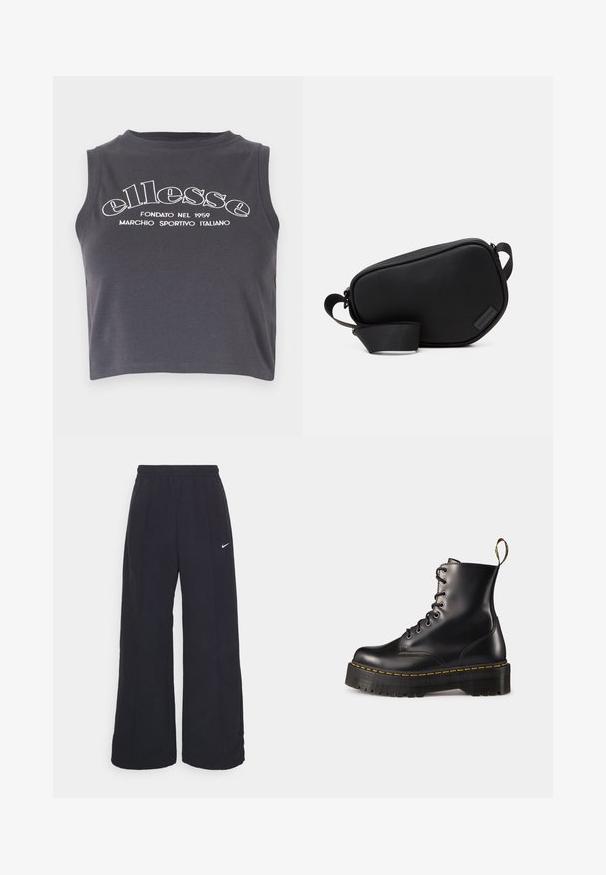 Veste noire coupée en tissu durable. Comprend un col classique, des boutons-pression argentés, deux poches avant et un ourlet avec cordon de serrage réglable.; Débardeur cropped gris foncé en coton doux, avec un texte de marque imprimé en blanc et un col rond sans manches.; Pantalons larges noirs avec une taille élastique et un petit logo Nike blanc. Le tissu a une texture lisse, conçu pour le confort et un style décontracté.; Bottes chelsea en cuir noir avec lacets, à semelle épaisse noire et couture jaune. Comprend une anse à l'arrière et des œillets en métal circulaires.; Sac en bandoulière noir, zippé, en matériau lisse, avec une forme plate, une seule sangle et un petit logo en accent. Design minimaliste.; Ensemble de bracelets en métal argenté comprenant deux brins de perles rondes alternées avec une finition lisse et un fermoir magnétique.