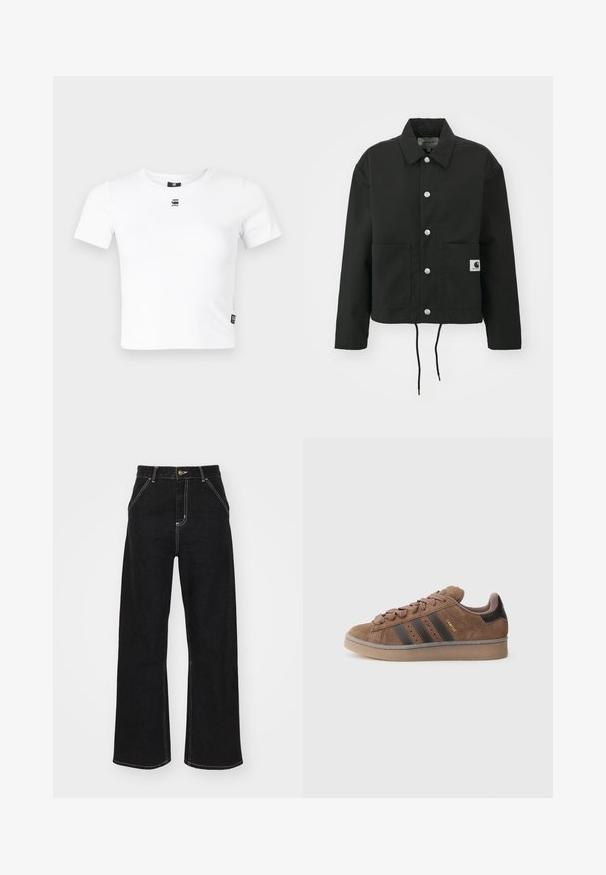 Črna kratka jakna iz trpežnega materiala. Ima klasičen ovratnik, srebrne pritiskače, dve sprednji žepi in nastavljiv rob z vrvico.; Bela kratka majica s kratkimi rokavi, izdelana iz mehkega bombaža, z okroglim izrezom in majhnim črnim logotipom na prsih. Vključena stranica s podrobnostmi.; Črne široke kavbojke iz denima, ki imajo kontrastne bele šive in sprednje gumbno zapiranje, ter dve nagnjeni sprednji žepi.; Rjav semiš športni copat s tremi temnimi črtami, prednji del z teksturiranimi vezalkami in kontrastnim črnim petnim delom. Ima gumijast podplat in zlato znamčenje.