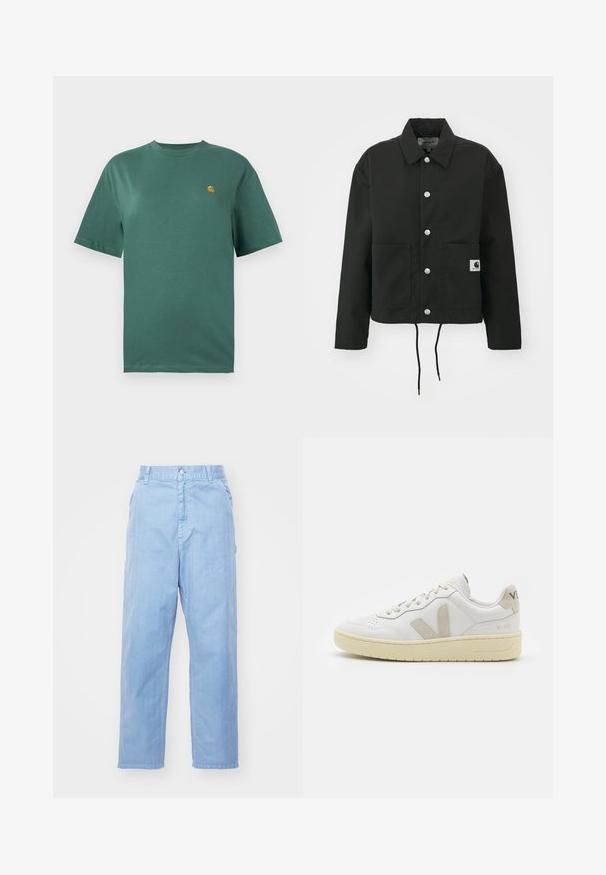 Black cropped jacket made of durable fabric. Features a classic collar, silver snap buttons, two front pockets, and adjustable drawstring hem.; Teal cotton t-shirt with short sleeves, crew neck, and a small yellow logo on the left chest. Smooth texture and relaxed fit.; Light blue denim trousers with a straight leg design, button closure, and front pockets. Fabric has a subtle texture with a smooth finish.; White leather sneaker with beige suede accents, perforated toe box, flat laces, and a textured cream sole. Features subtle branding on heel.