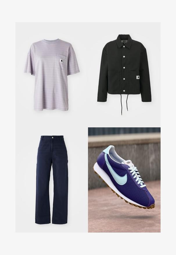 Fekete, vágott fazonú dzseki tartós anyagból. Klasszikus gallérral, ezüst színű patentgombokkal, két elülső zsebbel és állítható, húzózsinóros hemmel rendelkezik.; Világos lila, rövid ujjú póló, finom vízszintes csíkokkal és egy mellzsebbel, amelyen egy kis márka logó található. Puha pamut anyag.; Tengerészkék, bővebb, cargo stílusú nadrág strapabíró pamutból, oldalsó zsebekkel és gombos derékmegoldással.; Lila Nike sportcipő világoskék pipa, fehér fűzők és gumitalp található rajta, amely egy betonfelület felett lebeg a szabadban.
