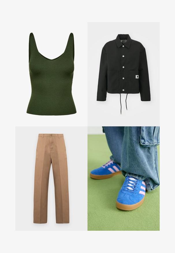 Schwarz gekürzte Jacke aus strapazierfähigem Stoff. Mit klassischem Kragen, silbernen Druckknöpfen, zwei Fronttaschen und verstellbarem Kordelzug am Saum.; Rippiertes grünes Tanktop mit V-Ausschnitt und breiten Trägern. Hergestellt aus strukturiertem Material, hat es eine figurbetonte Silhouette und nahtlose Verarbeitung.; Braune Baumwollhose mit geradem Bein, ausgestattet mit Knopfverschluss, Gürtelschlaufen und minimalen Nähten für ein sauberes Erscheinungsbild.; Blaue Wildlederschuhe mit rosa Streifen und weißen Schnürsenkeln, ausgestattet mit einer Gummisohle, kombiniert mit lockeren Jeanshosen auf einer grünen Fläche.