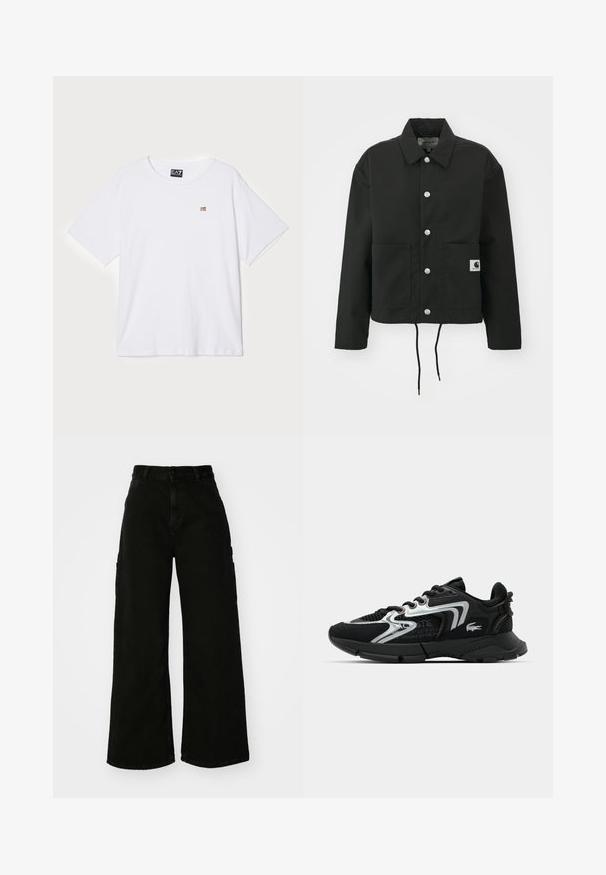 Giacca nera cropped realizzata in tessuto resistente. Presenta un colletto classico, bottoni automatici argentati, due tasche frontali e orlo regolabile con coulisse.; T-shirt bianco a maniche corte realizzato in morbido cotone, con un piccolo logo dorato nella zona sinistra del petto. Design a collo rotondo.; Pantaloni cargo neri a gamba larga in denim, con vita alta, chiusura frontale con bottone e tasche laterali. Texture liscia con cuciture minime.; Sneaker sportivo nero con tomaia in rete e sintetico, dettagli argento, punta arrotondata, collare imbottito e suola testurizzata per la presa.