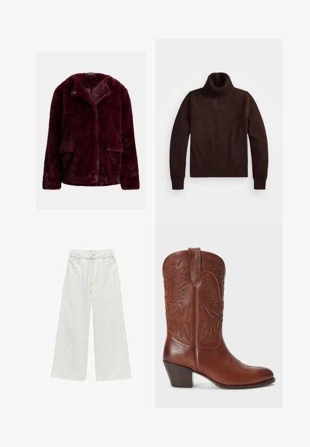 Burgundy tekoteko turkis takki, jossa on lovetulla kauluksella, sivutaskut ja pehmeä, teksturoitu pinta. Kiinni oleva malli rentoa istuvuutta varten.; Ruskea, paksu neulepusero, jossa on korkea kaulus ja ribbireunat. Ominaisuuksiin kuuluu pitkät hihat ja rento istuvuus, valmistettu pehmeästä tekstiilimateriaalista.; Valkoiset korkeavyötäröiset, leveälahkeiset housut, joissa on vyölenkit, etupainike, nyöri ja etutaskut.; Ruske nahkasaappaiden cowboy-kengät, joissa on terävä kärki, kohokuvioitu lännen tyyli ja kerrostettu korko. Sisältää ompeleita ja sileän pinnan.