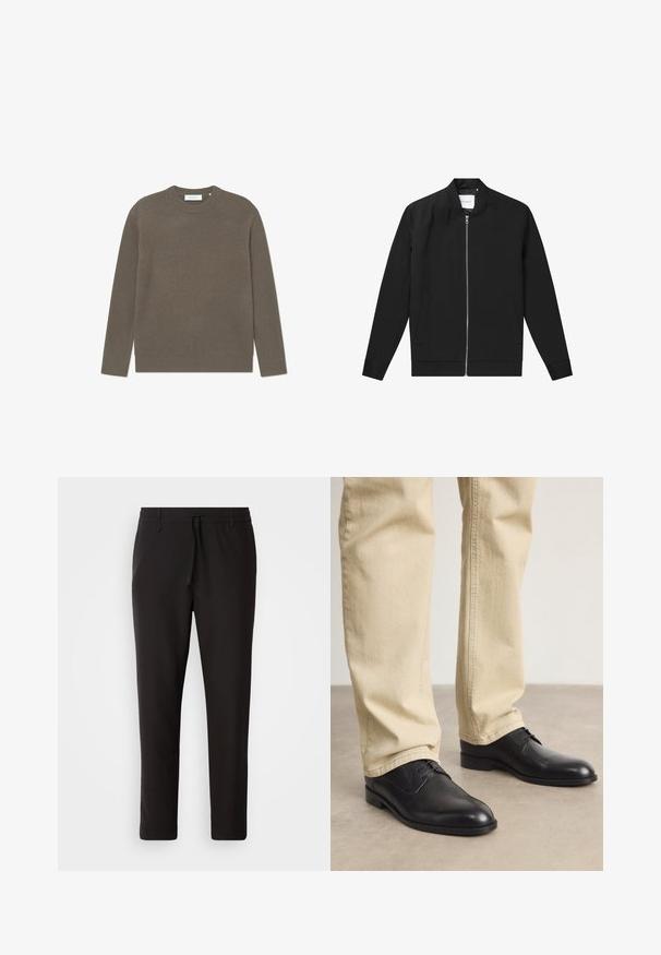 Veste bomber noire en tissu lisse, avec fermeture éclair sur le devant, col rond et deux poches latérales, arborant un logo minimaliste sur la poitrine.; Pull en maille côtelée de couleur brun terreux, avec un col rond et des manches longues, doté d'un fini texturé et d'une étiquette de marque discrète.; Pantalons de jogging noirs en tissu lisse. Dotés d'une taille élastique avec cordon de serrage, jambes fuselées, et sans poches visibles. Design simple.; Chaussures noires en cuir à lacets avec un bout arrondi, finition lisse et détails de couture subtils, portées avec un pantalon beige clair.