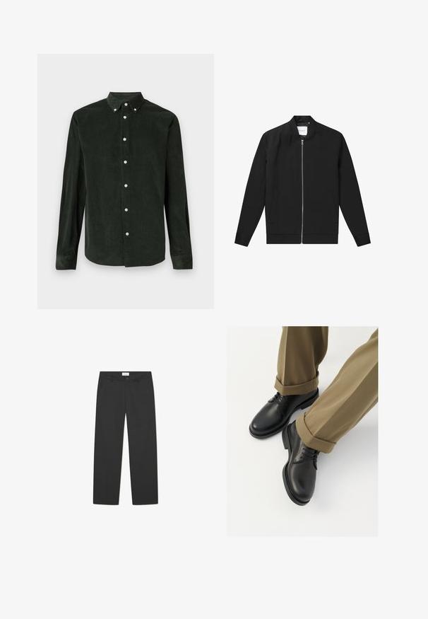 Čierna bomber bunda z hladkej tkaniny, s predným zipsom, okrúhlym golierom a dvoma bočnými vreckami, s minimálnym logom na hrudi.; Tmavozelená kordová košeľa s dlhým rukávom a zapínaním na gombíky, s golierom s gombíkmi na bielom pozadí.; Čierne nohavice vyrobené z ľahkej textílie. Majú rovný strih s plochým predným dielom, bočnými vreckami a diskrétnym pásom.; Čierne kožené vychádzkové topánky s hladkým povrchom, s šnúrkami a zaoblenou špicou, skombinované s vyhrňovaný khaki nohavicami.