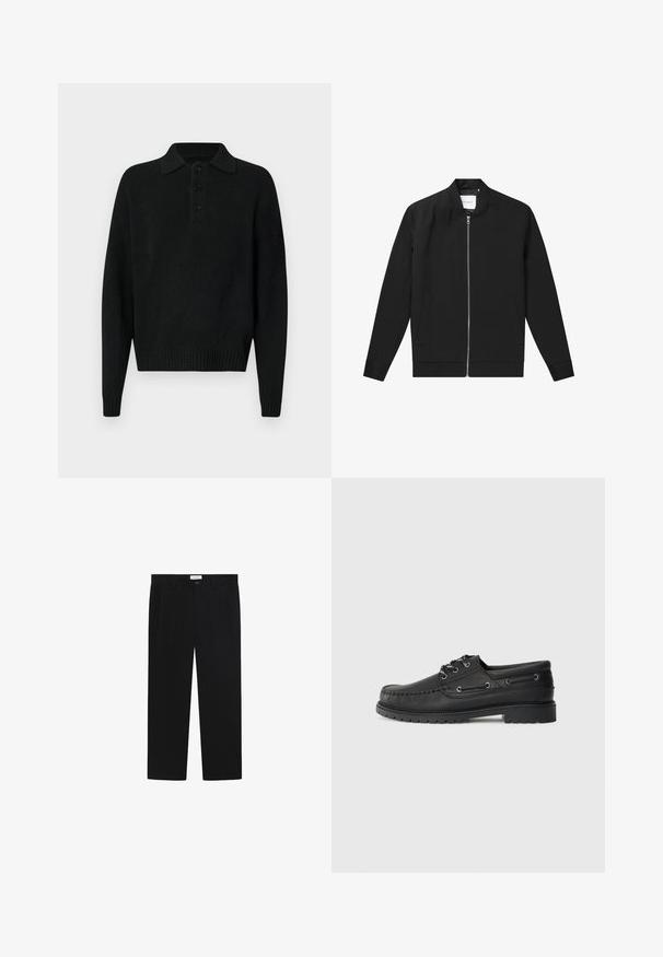 Jachetă bomber neagră confecționată dintr-un material neted, cu fermoar la față, guler rotund și două buzunare laterale, având un logo minimalist pe piept.; Pulover tricotat negru cu mânecă lungă, guler și trei nasturi pe piept, cu manșete și tiv ondulat, expus pe un fundal alb.; Pantaloni negri cu un design pe picior drept, buzunare frontale și închidere cu nasture. Realizați dintr-un material neted cu un finisaj elegant.; Pantofii din piele neagră, tip barcă, cu talpă groasă din cauciuc, cu șireturi în față și gauri decorative pe lateral, pe un fundal simplu de gri deschis.