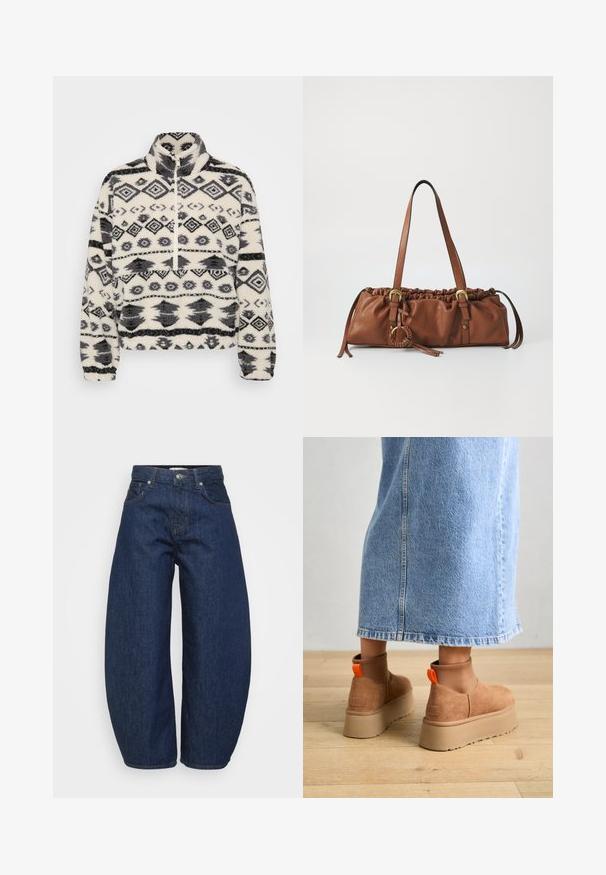 Giubbotto puffa nero con colletto alto, chiusura con zip, motivo a zig-zag e design aderente. Realizzato in materiale leggero e lucido.; Pullover in felpa con colletto alto, caratterizzato da uno sfondo bianco e modelli geometrici neri, incluse forme a diamante e forme stilizzate.; Even&Odd Petite 2 PACK - Top - light grey/black; Jeans in denim blu scuro a vita alta con gambe larghe, chiusura frontale con bottone e zip, e design classico a cinque tasche.; Stivali platform in suede marrone con pannelli laterali elastici e linguette arancioni, abbinati a una gonna di jeans chiara, lunga fino al ginocchio, su un pavimento di legno.; Borsa a tracolla in pelle marrone con parte superiore arricciata, spallacci regolabili e dettagli metallici. Presenta un particolare rotondo intrecciato sul lato.; Orecchino a cerchio in argento con finitura lucida, caratterizzato da piccoli dettagli in oro e una forma tondeggiante, indossato sul lobo.