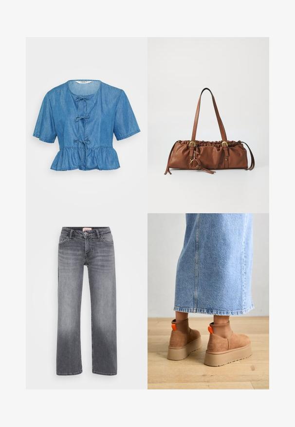 Svart boblejakke med høy krage, glidelåslukking, chevron-quiltet mønster og en tettsittende design. Laget av lett, blankt materiale.; Denim kortermet topp, lys blå, med peplum-skjørt. Har rund halslinning og tre dekorative bånd foran. Myk tekstur.; Grå denimjeans med rett ben-design, fem-lomme stil, subtil falming, og knappelukking i midjen.; Brune semska plattformstøvler med elastiske sidepaneler og orange rekkehalser, parret med en knelange lys denimskjørt på et tregulv.; Brun skinnveske med samlet topp, justerbare stropper og metallelementer. Har en rund flettet detalj på siden.; Sølv ringøredob med en polert finish, med små gull detaljer og en rund form, båret på øreflippen.