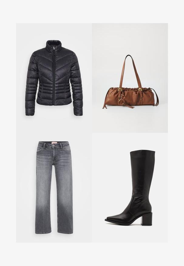 Črna puhovka z visokim ovratnikom, zadrgo, chevron prenovljenim vzorcem in oprijetim dizajnom. Narejena iz lahkega, sijočega materiala.; Even&Odd Petite 2 PACK - Top - light grey/black; Sivi traper hlače s ravnim krojem, pet žepov, rahlo zbledelo in z gumbom za zapiranje pri pasu.; Zign LEATHER - Škornji - black; Rjava usnjena torbica z nabranim vrhom, nastavljivimi trakovi in kovinskimi detajli. Ima okroglo pleteno okrasitev na strani.; Srebrna obročasta uhana s polirano površino, ki vključuje majhne zlate poudarke in okroglo obliko, nošena na ušesnem lobu.