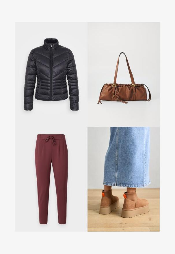 Black puffer jacket with a high collar, zip closure, chevron quilted pattern, and a fitted design. Made from lightweight, shiny material.; Even&Odd Petite 2 PACK - Top - light grey/black; Burgundy elastic waist pants with adjustable drawstring, tapered legs, and smooth, soft fabric texture. Features front pleats for tailored look.; Brown suede platform boots with elastic side panels and orange pull tabs, paired with a knee-length light denim skirt on a wooden floor.; Brown leather handbag with gathered top, adjustable straps, and metal accents. Features a round braided detail on the side.; Silver hoop earring with a polished finish, featuring small gold accent details and a round shape, worn on the lobe.