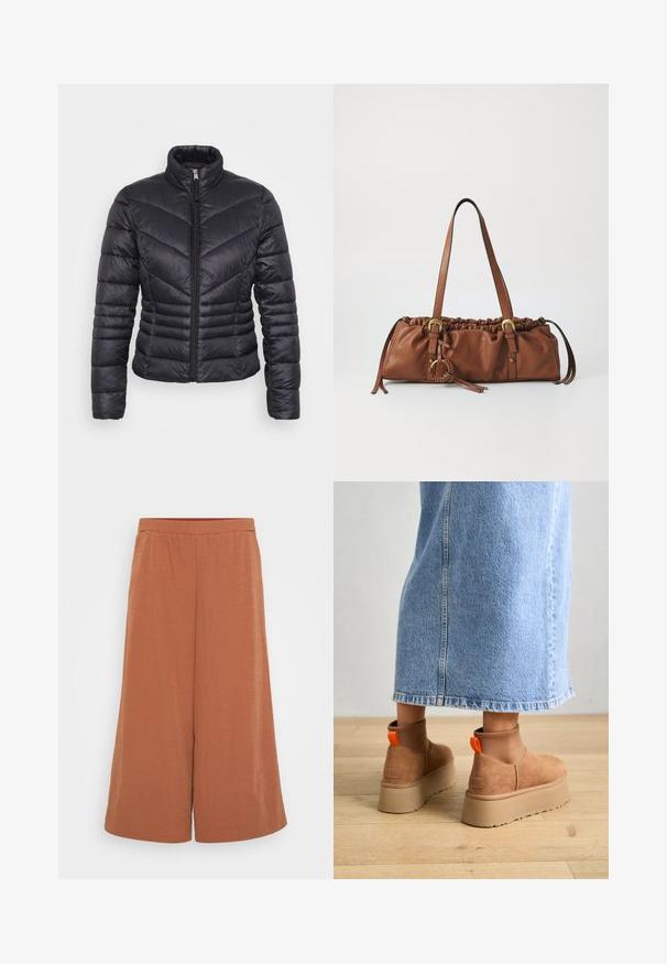 Casaco puffer preto com um colarinho alto, fecho de correr, padrão em chevron e um design ajustado. Feito de material leve e brilhante.; Even&Odd Petite 2 PACK - Top - light grey/black; Culotes na cor ferrugem feitos de um tecido leve e texturizado. Apresentam uma cintura elástica e pernas largas e fluidas. Textura suave em toda a peça.; Botas plataforma em camurça castanha com painéis laterais elásticos e puxadores laranja, combinadas com uma saia de ganga clara até ao joelho, em um chão de madeira.; Bolsa de mão em pele castanha com parte superior franzida, alças ajustáveis e detalhes em metal. Apresenta um detalhe redondo trançado de lado.; Brinco de argola prateada com acabamento polido, apresentando pequenos detalhes em dourado e uma forma redonda, usado na orelha.