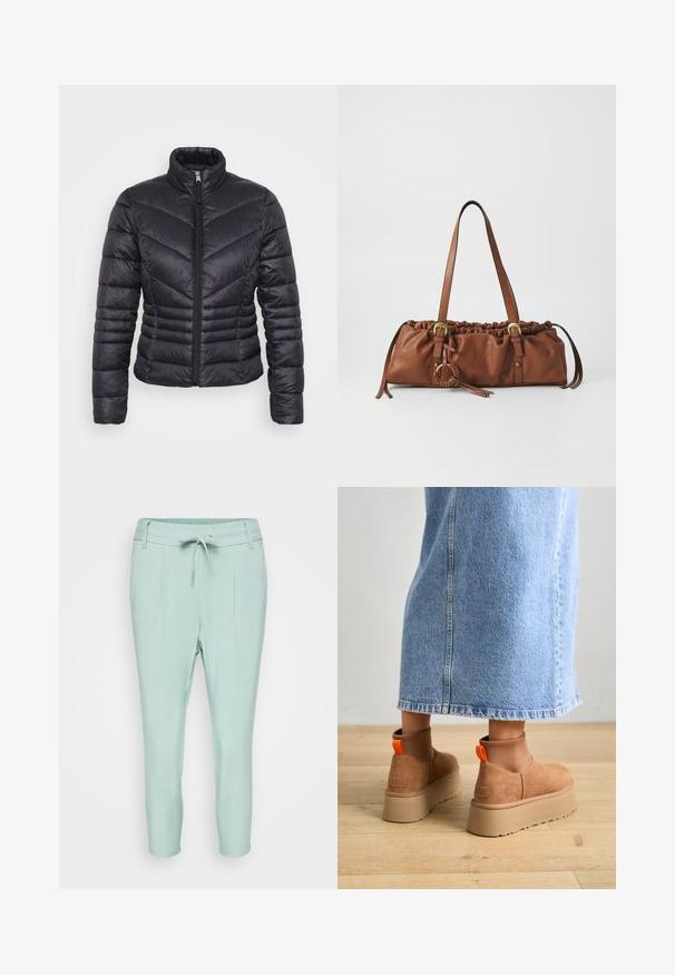 Juodas pūkinis švarkas su aukštu apykakle, užtrauktuku, zigzago rašto siuvinėjimu ir prigludusia forma. Pagamintas iš lengvos, blizgios medžiagos.; Even&Odd Petite 2 PACK - Viršus - light grey/black; Svetainiai mėtų žalios spalvos kelnės su elastine juosmena, užtrauktuku ir dviem priekinėmis kišenėmis. Lygi medžiaga su siaurėjančiu kojos dizainu.; Rudos zomšiniai platforminiai batai su elastingomis šoniniais panirais ir oranžinėmis kilpomis, derinami su kelio ilgio šviesių džinsų sijonu ant medinių grindų.; Ruda odinė rankinė su surinkta viršūne, reguliuojamomis diržomis ir metaliniais akcentais. Šone yra apvalus pintas detalė.; Sidabrinė lankinė auskarai su poliruotu paviršiumi, turintys mažus auksinius akcentus ir apvalią formą, dėvimi ant ausies kaušelio.