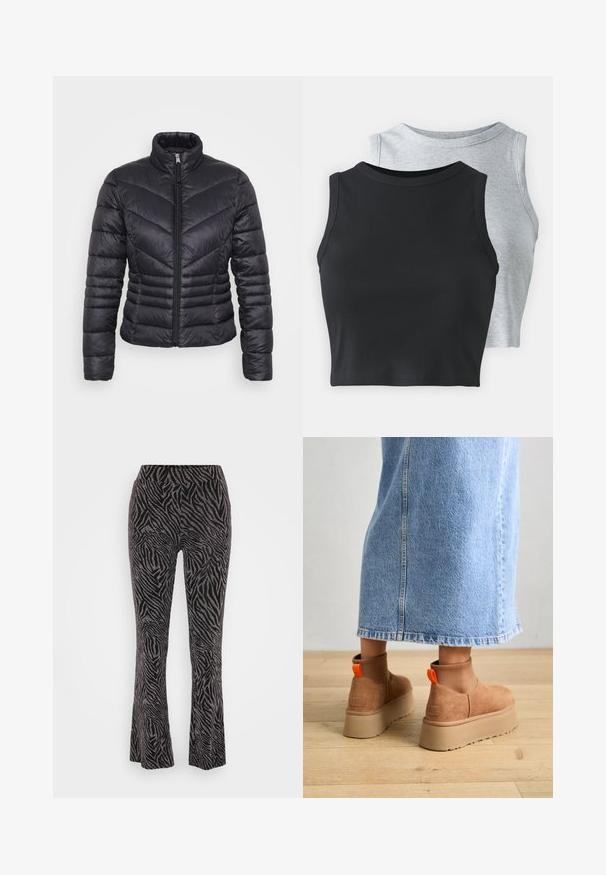 Giubbotto puffa nero con colletto alto, chiusura con zip, motivo a zig-zag e design aderente. Realizzato in materiale leggero e lucido.; Even&Odd Petite 2 PACK - Top - light grey/black; Pantaloni a palazzo neri con motivo a strisce zebra, caratterizzati da una tessitura morbida e una vita elasticizzata per il massimo comfort.; Stivali platform in suede marrone con pannelli laterali elastici e linguette arancioni, abbinati a una gonna di jeans chiara, lunga fino al ginocchio, su un pavimento di legno.