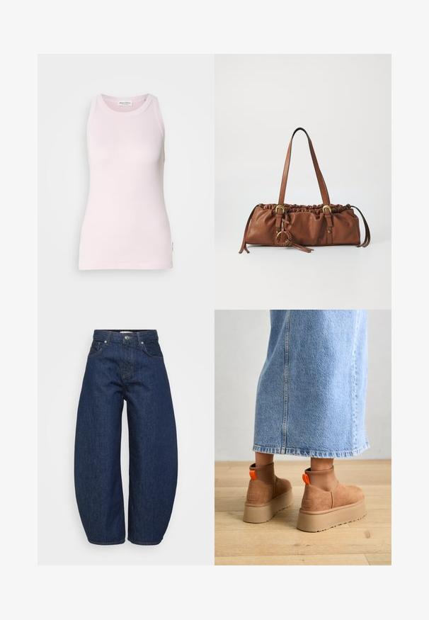 Čierna prešívaná bunda s vysokým golierom, zipsovým zapínaním, vzorom v šípkach a priliehavým strihom. Vyrobená z ľahkého, lesklého materiálu.; Svetloružový bezrukávový top vyrobený z mäkkej bavlnenej látky. Má okrúhly výstrih a priliehavý strih s etikettou na bočnom šve.; Tmavomodré rifle s vysokým pásom, širokými nohavicami, so zapínaním na prednom gombíku a zips, a klasickým dizajnom s piatimi vreckami.; Hnedé zamskové platformové čižmy s elastickými bočnými panelmi a oranžovými ťahákmi, v kombinácii s sukňou z ľahkého denimu po kolená, na drevenej podlahe.; Hnedá kožená kabelka so zhrnutým vrcholom, nastaviteľnými popruhmi a kovovými akcentmi. Obsahuje okrúhly pletený detail na boku.; Strieborná kruhová náušnica s lesklým povrchom, obsahujúca malé zlaté akcenty a okrúhly tvar, nosená na lalôčiku ucha.