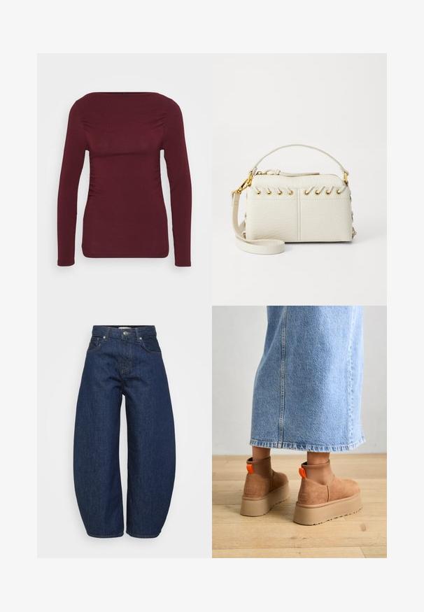 Černá péřová bunda s vysokým límcem, zipovým zapínáním, vzorem v šikmém prošívání a vypasovaným střihem. Vyrobena z lehkého, lesklého materiálu.; Bordový top s dlouhými rukávy vyrobený z měkké tkaniny, s čtvercovým výstřihem a bočním nařasením pro přiléhavý design. Hladká textura bez vzoru.; Tmavě modré džínové kalhoty s širokým, volným střihem. Mají zipový rozparek, čtyři kapsy a kontrastní prošití podél švů.; Hnědé semišové platformové boty s elastickými bočními panely a oranžovými poutky, spárované s sukní z jasného denimu ke kolenům na dřevěné podlaze.; Bílá kabelka z umělé kůže s horním zipem, krátkým uchem a odnímatelným popruhem přes rameno se zlatým kováním. Detail šněrování po stranách.; Stříbrný kruhový náušník s lesklým povrchem, zdobený malými zlatými akcenty, v kulatém tvaru, nošený na lalůčku.