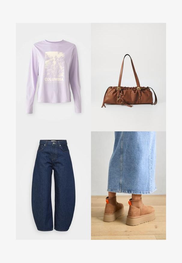 Čierna prešívaná bunda s vysokým golierom, zipsovým zapínaním, vzorom v šípkach a priliehavým strihom. Vyrobená z ľahkého, lesklého materiálu.; Fialová košeľa s dlhým rukávom s grafickým motívom lesa a textom "COLUMBIA SPORTSWEAR" v bielej farbe. Vyrobená z jemného materiálu s voľným strihom.; Tmavomodré rifle s vysokým pásom, širokými nohavicami, so zapínaním na prednom gombíku a zips, a klasickým dizajnom s piatimi vreckami.; Hnedé zamskové platformové čižmy s elastickými bočnými panelmi a oranžovými ťahákmi, v kombinácii s sukňou z ľahkého denimu po kolená, na drevenej podlahe.; Hnedá kožená kabelka so zhrnutým vrcholom, nastaviteľnými popruhmi a kovovými akcentmi. Obsahuje okrúhly pletený detail na boku.; Strieborná kruhová náušnica s lesklým povrchom, obsahujúca malé zlaté akcenty a okrúhly tvar, nosená na lalôčiku ucha.