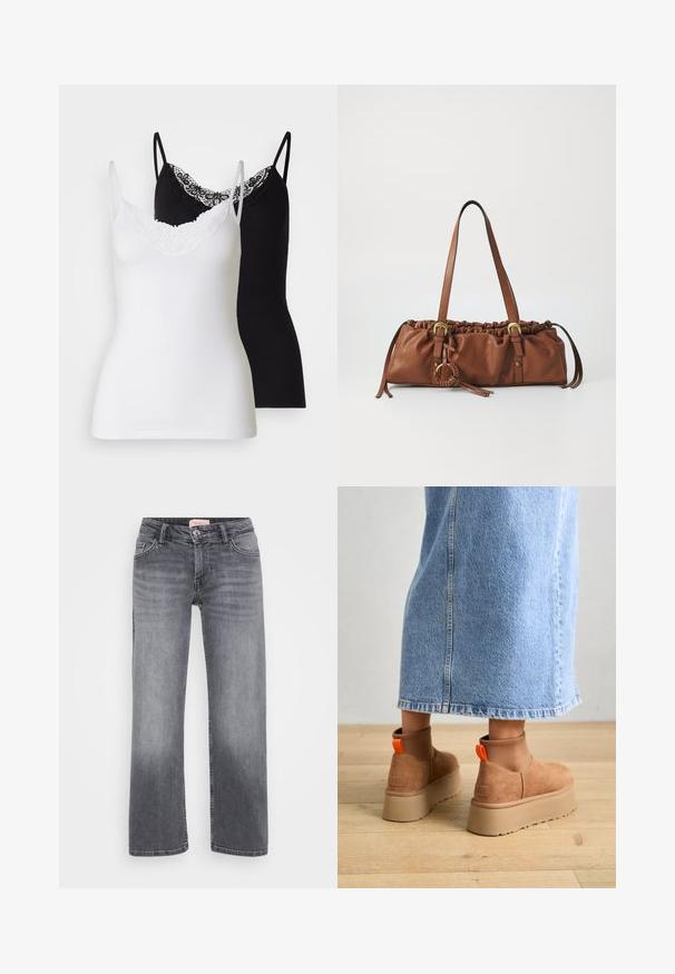 Musta puhvijope korkealla kauluksella, vetoketjukiinnityksellä, viiksivarsikuosisella ompelella ja vartalonmyötäisellä muotoilulla. Valmistettu kevyestä, kiiltävästä materiaalista.; Kaksi t-paitaa valkoisena ja mustana. Molemmissa on ohut olkaintuki ja koristeellinen pitsikaulus. Valmistettu pehmeästä, joustavasta kankaasta.; Harmaat farkut, suoran lahkeen muotoilulla, viidellä taskulla, hienovaraisella haalistumisella ja nappikiinnityksellä vyötäröllä.; Ruske mokasine z platformo in elastiko na straneh ter oranžnimi zategovalnimi trakovi, v kombinaciji z osnovno dolžino svetle denim krila na lesenem podu.; Ruskea nahkainen käsilaukku, jossa on kerrottu yläosa, säädettävät hihnat ja metalliset yksityiskohdat. Sivussa on pyöreä punottu yksityiskohta.; Hopea renkaankorvakoru kiiltävällä pinnalla, jossa on pieniä kultaisia yksityiskohtia ja pyöreä muoto, käytetty korvalla.