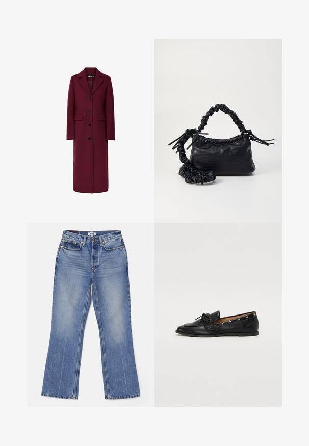 Long, burgundy wool coat with a notched collar, five black buttons, and two front pockets. Smooth texture and straight silhouette.; Olive green, long-sleeve, button-up blouse with pointed collar and slightly shiny, textured fabric on a plain background.; RE/DONE LOOSE - Bootcut jeans - hacienda; Black leather loafers with a tied bow, featuring gold eyelet accents along the sides and a flat rubber sole. Smooth texture, classic design.; Black faux leather handbag with a crocodile texture, cinched top, and a scrunched strap. Appears soft and compact in design.