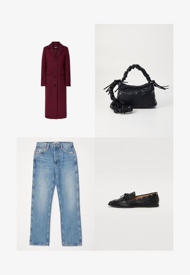 Ilgas bordo spalvos vilnonis paltas su atvartu, penki juodi mygtukai ir dvi priekinės kišenės. Lygios tekstūros ir tiesios silueto.; Alyvuogių žalios, ilgomis rankovėmis, su mygtukais užsegama bluzonė su smailiu apykakle ir šiek tiek blizgančiu, tekstūruotu audiniu ant vientiso fono.; RE/DONE HIGH RISE - Tiesaus kirpimo džinsai - worn blue; Juodi odiniai loafai su surišta mazgeliu, su auksinėmis akytėmis šoninėse dalyse ir plokščiu guminiu padu. Lygus paviršius, klasikinis dizainas.; Juodas dirbtinės odos rankinė su krokodilo tekstūra, sušnibždinta viršuje ir susikraipytu dirželiu. Atrodo minkšta ir kompaktiška.