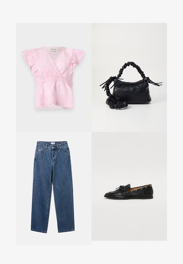 Ilgas bordo spalvos vilnonis paltas su atvartu, penki juodi mygtukai ir dvi priekinės kišenės. Lygios tekstūros ir tiesios silueto.; Rožinė trumpų rankovių palaidinė su apvyniojimo dizainu, tekstūruotais klostėmis ir nėrinių apdaila aplink iškirptę bei rankoves. Elastinga juosmens linija pritaikymui.; Alyvuogių žalios, ilgomis rankovėmis, su mygtukais užsegama bluzonė su smailiu apykakle ir šiek tiek blizgančiu, tekstūruotu audiniu ant vientiso fono.; Klasikiniai mėlynos džinsinio audinio džinsai su tiesiomis kojomis, penkiomis kišenėmis ir mygtukų uždarymu. Pasižymi vidutiniu skalbimu ir tvirtu audiniu.; Juodi odiniai loafai su surišta mazgeliu, su auksinėmis akytėmis šoninėse dalyse ir plokščiu guminiu padu. Lygus paviršius, klasikinis dizainas.; Juodas dirbtinės odos rankinė su krokodilo tekstūra, sušnibždinta viršuje ir susikraipytu dirželiu. Atrodo minkšta ir kompaktiška.