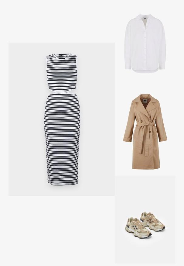 Bež mantell, millekordne disain, suur krae, lipsukäe ja küljetaskudega. Valmistatud siledast ja kergest kangast.; Raitidega ilma varrukateta kleit, millel on tumehallid ja valged horisontaalsed riba, lõigatud talje detail ja keha lähedane disain. Pehme, veniv materjal.; Pikend varrukatega valge puuvillane särg, millel on nööbitekk ja klassikaline krae, ümaral serval, rahulik sobituvus ja ilma mustriteta.; Beežid spordijalatsid, mis on valmistatud võrgust ja nahast materjalidest. Omavad musta logo ja tekstuure aktsente. Paks valge vaheosa ja must kummist välistald.