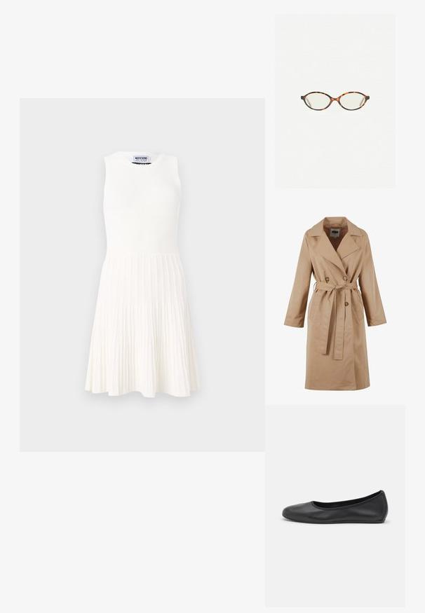 Beige színű trench coat, dupla gombolású dizájnnal, nagy gallérral, övvel és oldalsó zsebekkel. Simább, könnyű anyagból készült.; Ujjatlan fehér ruha bordás anyagból; testhez simuló felsőrész, bővülő, pliszírozott szoknya; sima textúra vertikális bordázott mintával.; Fekete bőr balettcipő lekerekített orral, sima tekstúrával, minimális varrással és rugalmas talp kialakítással.; Tortábar színű szemüveg ovális lencsékkel és sima, elegáns felülettel. Vékony szárakkal rendelkezik, amelyeken finom ív található a halántéknál. Átlátszó lencsék.