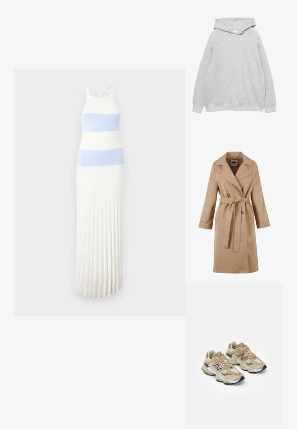Beige trenchcoat med dobbeltbrystet design, stor krave, bælte og sidelommer. Fremstillet af glat, let stof.; Lys grå hættetrøje med en blød tekstur, raglanærmer og ribbede manchetter og kant. Enkelts design, uden synlige grafik eller mønstre.; Strikket kjole med vandrette lysblå og hvide striber, der har en tætsiddende overdel, plisseret nederdel og tynde justerbare stropper.; Beige sneakers med mesh og suede materialer. Har et sort logo og teksturerede accenter. Tyk hvid mellemsål og sort gummisål.; Brun læder tote taske med en struktureret form og to håndtag øverst, ledsaget af en mindre matchende pung med lynlås. Begge har logoaccente.