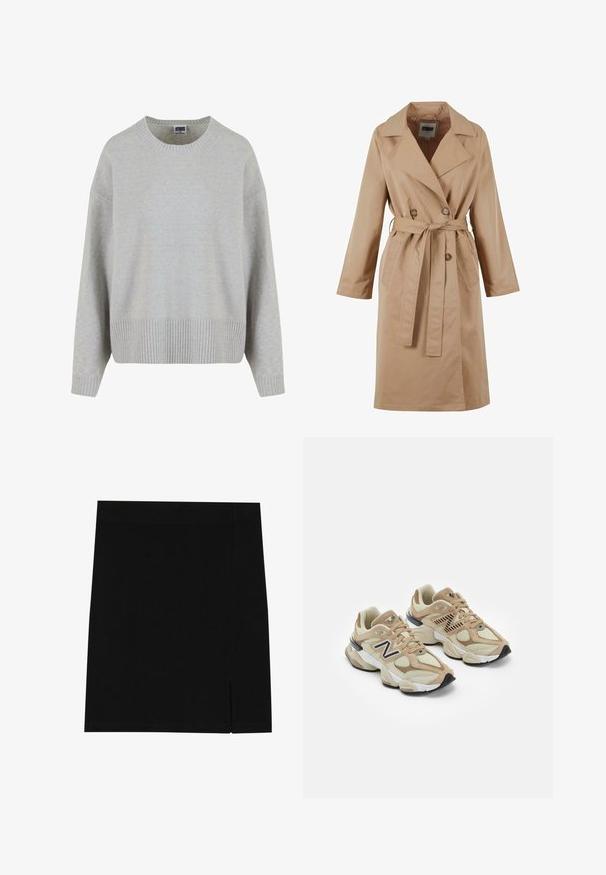 Beige Trenchcoat mit einem doppelt geknöpften Design, großem Kragen, Bindegürtel und Seitentaschen. Hergestellt aus glattem, leichtem Stoff.; Hellgrauer, gestrickter Pullover mit Rundhalsausschnitt, überschnittenen Schultern und geripptem Saum. Weiche Textur und lockere Passform.; Schwarzer Minirock aus weichem Stoff mit figurbetontem Design, ausgestattet mit einem leichten Schlitz an der Seite für zusätzlichen Details.; Beige Sneaker aus Mesh- und Wildledermaterialien. Mit einem schwarzen Logo und strukturierten Akzenten. Dicke weiße Zwischensohle und schwarze Gummisohle.