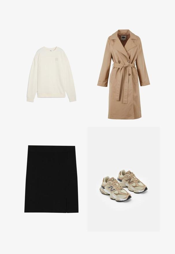 Trench coat beige con design doppiopetto, grande colletto, cintura con cravatta e tasche laterali. Realizzato in tessuto liscio e leggero.; Felpa color crema realizzata in tessuto morbido. Presenta un collo rotondo, maniche lunghe e un piccolo logo quadrato sul petto.; Gonna nera mini realizzata in tessuto morbido con un design aderente, caratterizzata da una leggera apertura sul lato per un tocco di stile in più.; Sneaker beige realizzate in materiali mesh e suede. Presentano un logo nero e dettagli testurizzati. Suola intermedia spessa bianca e suola esterna in gomma nera.