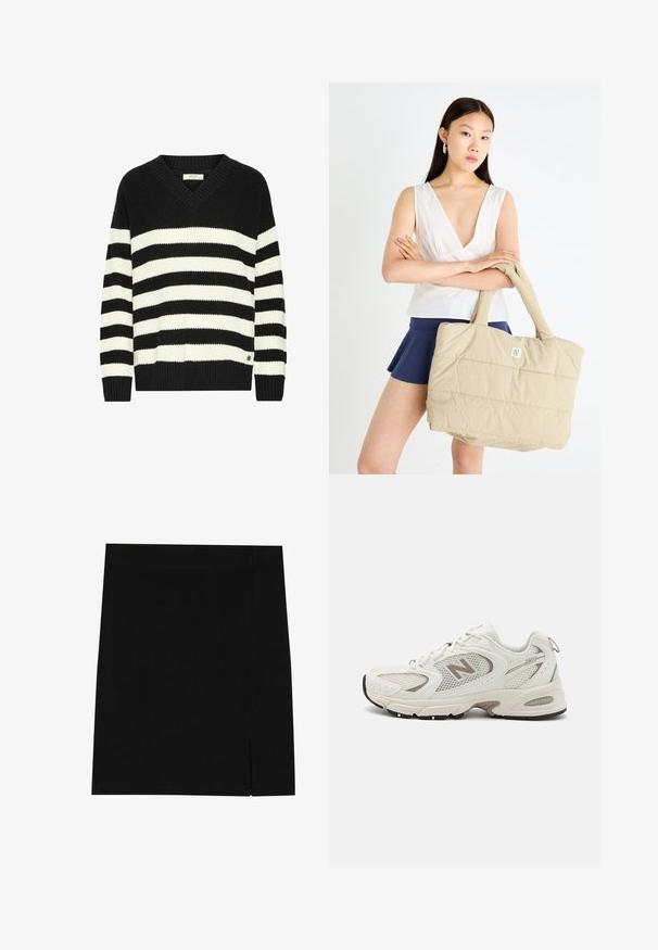 Beige Trenchcoat mit einem doppelt geknöpften Design, großem Kragen, Bindegürtel und Seitentaschen. Hergestellt aus glattem, leichtem Stoff.; Schwarz-weiß gestreifter Pullover mit V-Ausschnitt, geripptem Muster, langen Ärmeln und einem kleinen Logodetail am Saum. Hergestellt aus Strickmaterial.; Schwarzer Minirock aus weichem Stoff mit figurbetontem Design, ausgestattet mit einem leichten Schlitz an der Seite für zusätzlichen Details.; Weißes Mesh-Laufschuh mit grauen Akzenten, runder Spitze, Schnürdesign, gepolsteter Sohle und einem auffälligen "N"-Logo an der Seite.; Beige Stepp-Tasche mit gepolstertem Textur und stabilen Griffen, mit einem kleinen Logo auf der Vorderseite. Modell trägt ein weißes Oberteil und einen marineblauen Rock.