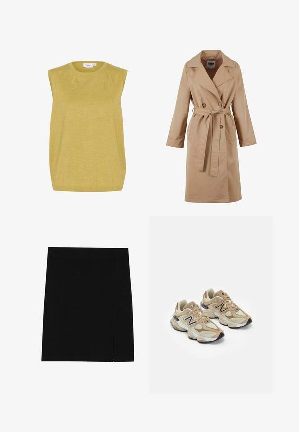 Beige színű trench coat, dupla gombolású dizájnnal, nagy gallérral, övvel és oldalsó zsebekkel. Simább, könnyű anyagból készült.; Saint Tropez MILA - Pulóver - burnished gold melange; Fekete mini szoknya puha anyagból, testhez álló szabással, az oldalon enyhe hasítékkal a különleges részletek érdekében.; Beige sportcipők hálós és bőrszövet anyagból. Fekete logóval és texturált részletekkel rendelkezik. Vastag fehér középtalpa és fekete gumi talpa van.