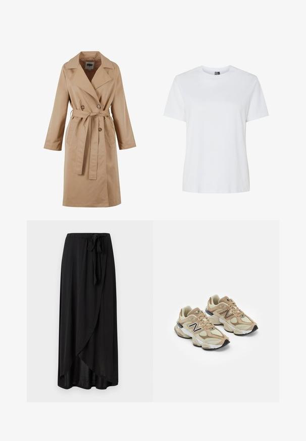 Bež plašč s dvojno zapenjanjem, velikim ovratnikom, pasom za zavezovanje in stranskimi žepi. Narejen iz gladkega, lahkega materiala.; Bela bombažna majica s kratkimi rokavi in okroglo izrezom. Gladka tekstura, sproščen kroj in brez vidnih vzorcev ali dodatkov.; Črna maksi krila iz lahkega materiala, s preklopnim dizajnom, nastavljivim pasom in tekočo silhueto z zaobljenim robom.; Bež teniske z mrežastim in semiš materialom. Imajo črn logo in teksturirane detajle. Debela bela srednja podloga in črn gumijast podplat.