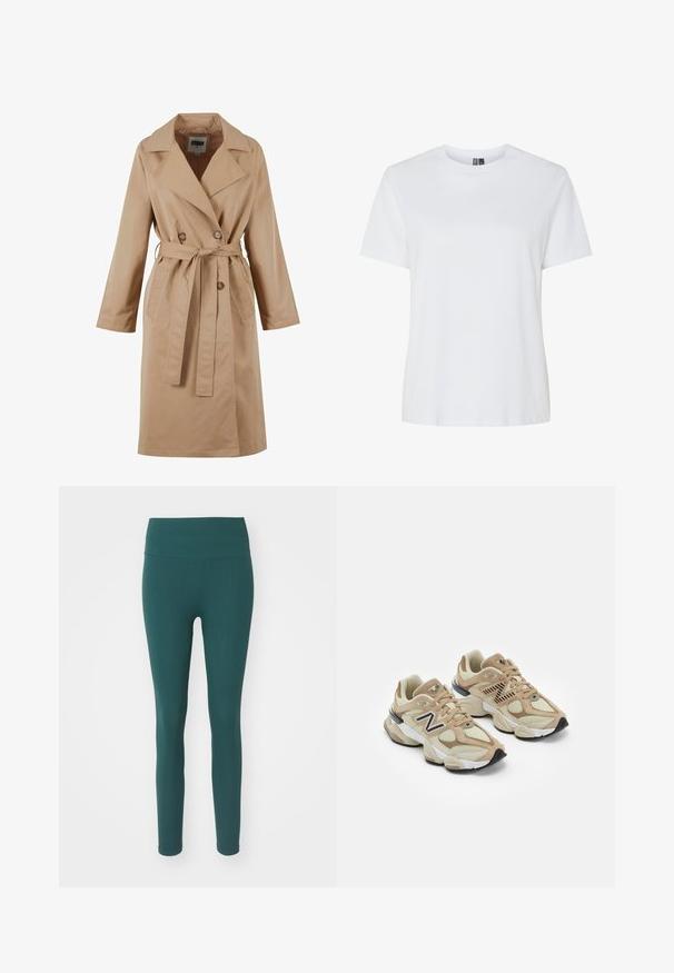 Bežinis tranšėja su dvigubu mygtukų uždarymu, dideliu apykakle, juosmens diržu ir šoninėmis kišenėmis. Pagaminta iš lygios, lengvos medžiagos.; Balta medvilninė marškinėliai su trumpomis rankovėmis ir apvaliu iškirpimu. Lygus paviršius, laisvas šiukšlė ir jokių matomų raštų ar akcentų.; Aukso spalvos, raukšlėtos leginsai su aukštu juosmeniu, pagaminti iš tamprus medžiagos, pasižymintys prigludusia išvaizda ir elastingu juosmeniu patogumui.; Šviesiai rudos sportbačiai, pagaminti iš tinklinės ir zomšos medžiagų. Ypač išryškintas juodas logotipas ir tekstūruoti akcentai. Storas baltas tarpkalnis ir juodas gumos padas.