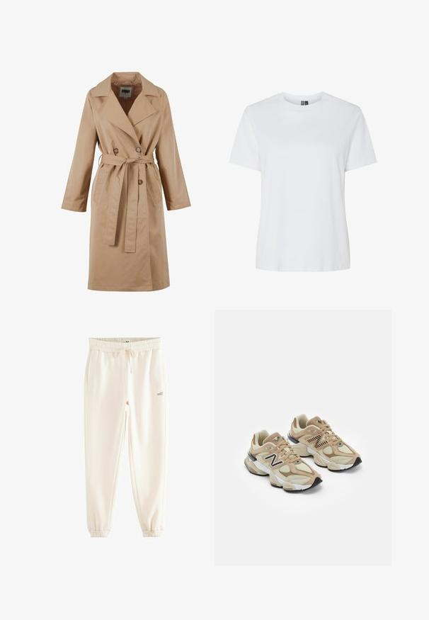 Beige trenčkot s dvojitým zapínaním, veľkým golierom, viazacím pásom a bočnými vreckami. Vyrobený z hladkej, ľahkej látky.; Biela bavlnená tričko s krátkymi rukávmi a klasickým výstrihom. Hladká textúra, voľný strih a žiadne viditeľné vzory alebo akcenty.; Krémové jogger nohavice vyrobené z mäkkej tkaniny, s elastickým pásom, šnúrkou, bočnými vreckami a rebrovanými manžetami. Potlač s logom "self.".; Béžové tenisky s kombináciou sieťoviny a semišu. Obsahujú čierne logo a štruktúrované akcenty. Hladká biela medzipodrážka a čierna gumová podrážka.