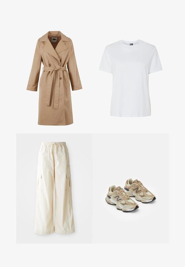 Beige trenčkot s dvojitým zapínaním, veľkým golierom, viazacím pásom a bočnými vreckami. Vyrobený z hladkej, ľahkej látky.; Biela bavlnená tričko s krátkymi rukávmi a klasickým výstrihom. Hladká textúra, voľný strih a žiadne viditeľné vzory alebo akcenty.; Široké cargo nohavice v svetlo béžovej farbe s elastickým pásom, šnúrkovým zapínaním a bočnými vreckami. Hladký povrch s minimálnym zdobením.; Béžové tenisky s kombináciou sieťoviny a semišu. Obsahujú čierne logo a štruktúrované akcenty. Hladká biela medzipodrážka a čierna gumová podrážka.