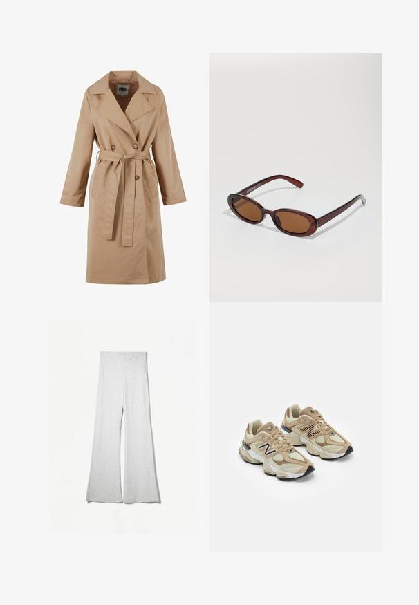 Beige trench coat with a double-breasted design, large collar, tie belt, and side pockets. Made of smooth, lightweight fabric.; Long-sleeve white shirt with a wide neckline, made from soft fabric. Smooth texture, straight hem, and no visible hardware or patterns.; Light gray wide-leg pants made from soft fabric, featuring a high waistband and side slits for added flow and comfort.; Beige sneakers with mesh and suede materials. Features a black logo and textured accents. Thick white midsole and black rubber outsole.; Round, brown-tinted sunglasses with a glossy burgundy frame. Slim arms with subtle branding detail. Flat lens design.