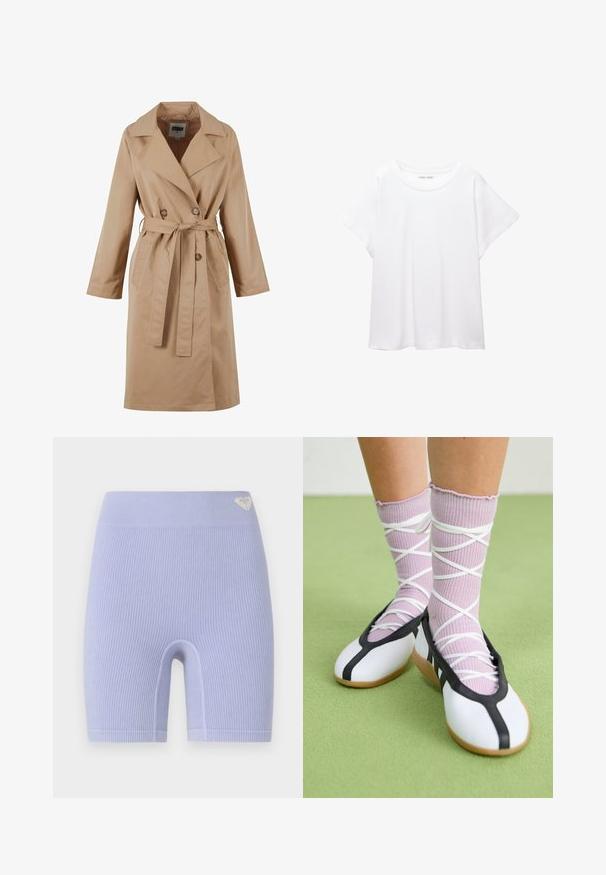 Beige trenchcoat met een dubbelgebreide ontwerp, grote kraag, strikceintuur en zijzakken. Gemaakt van een gladde, lichte stof.; Witte T-shirt van zacht, lichtgewicht stof. Heeft een ronde halslijn en korte, brede mouwen met een ontspannen pasvorm. Geen zichtbare patronen.; Gecoate lavendelkleurige fietsbroek met een hoge tailleband. Kenmerkt zich door een klein logo-accent aan de bovenlinkerkant. Eenvoudig, aansluitend ontwerp.; Witte platte schoenen met een zwarte bies en zool, gecombineerd met lichtpaarse geribde sokken met witte kruislings banden. Geplaatst op een groene achtergrond.