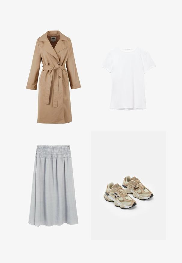 Beige trenchcoat med dobbeltbrystet design, stor krave, bælte og sidelommer. Fremstillet af glat, let stof.; Hvid kortærmet t-shirt lavet af glat stof, med rund halsudskæring og diskrete syninger ved kanten.; Lys grå, knælang nederdel med en samlet elastisk talje og blød, glat tekstur. Strømmende design med en let A-formet silhuet.; Beige sneakers med mesh og suede materialer. Har et sort logo og teksturerede accenter. Tyk hvid mellemsål og sort gummisål.