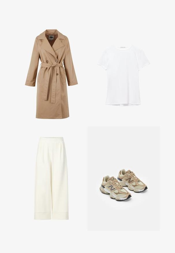 Beige trench coat with a double-breasted design, large collar, tie belt, and side pockets. Made of smooth, lightweight fabric.; White short-sleeve t-shirt made from smooth fabric, featuring a round neckline and subtle stitching details at the hem.; White wide-leg cropped pants with an elastic waistband, smooth texture, and subtle pleats at the front, featuring stitched hems at the bottom.; Beige sneakers with mesh and suede materials. Features a black logo and textured accents. Thick white midsole and black rubber outsole.