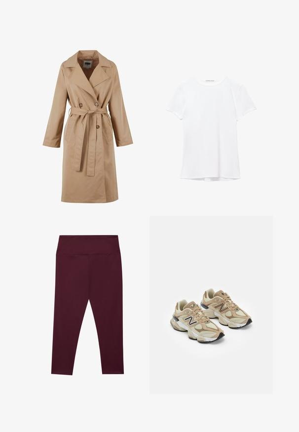 Beige trenchcoat med dobbeltbrystet design, stor krave, bælte og sidelommer. Fremstillet af glat, let stof.; Hvid kortærmet t-shirt lavet af glat stof, med rund halsudskæring og diskrete syninger ved kanten.; Bordeaux leggings med høj talje, lavet af et glat, strækbart stof. Har et sømløst design uden udvendige lommer.; Beige sneakers med mesh og suede materialer. Har et sort logo og teksturerede accenter. Tyk hvid mellemsål og sort gummisål.
