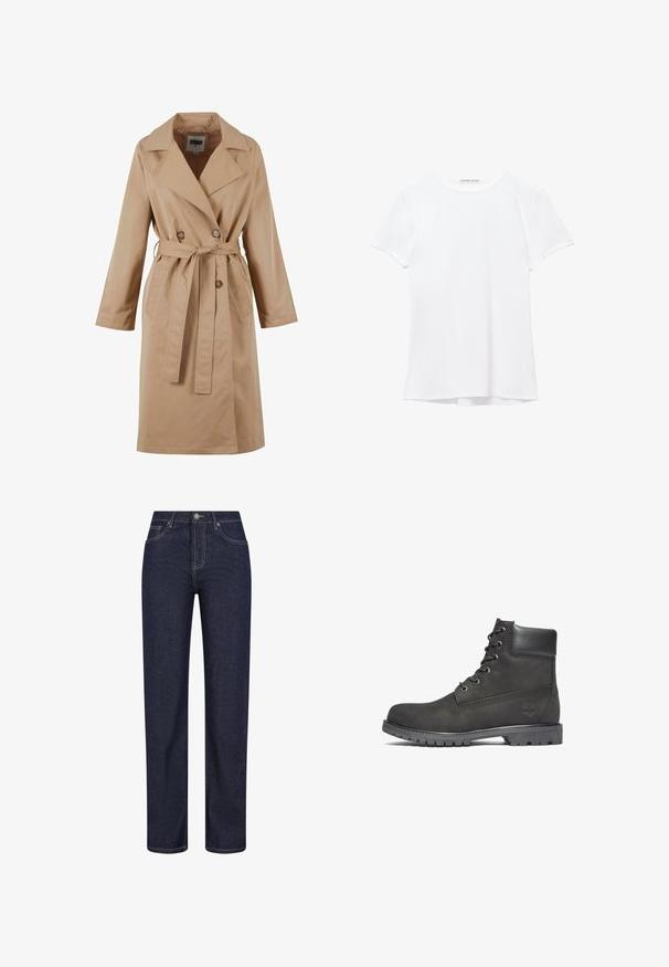 Beżowy płaszcz trench z podwójnym zapięciem, dużym kołnierzem, paskiem do związania i bocznymi kieszeniami. Wykonany z gładkiego, lekkiego materiału.; Biały krótki rękaw t-shirt wykonany z gładkiego materiału, z okrągłym dekoltem i subtelnymi detalami szycia na dole.; Granatowe dżinsy z prostymi nogawkami, z widocznym przeszyciem, zamknięciem na guziki z przodu i dwiema bocznymi kieszeniami.; Czarne skórzane botki za kostkę z okrągłym noskiem, sznurowanym przodem, wyściełanym kołnierzem i teksturowaną gumową podeszwą. Posiadają tłoczone logo z boku.