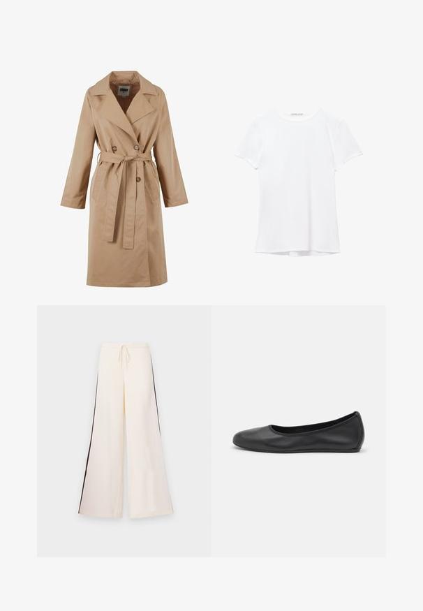 Beige trench coat with a double-breasted design, large collar, tie belt, and side pockets. Made of smooth, lightweight fabric.; White short-sleeve t-shirt made from smooth fabric, featuring a round neckline and subtle stitching details at the hem.; Cream wide-leg pants made of smooth fabric, featuring a drawstring waist and contrasting dark side stripes. Flat-front design, no pockets.; Black leather ballet flat with a rounded toe, smooth texture, minimal stitching detail, and a flexible sole design.