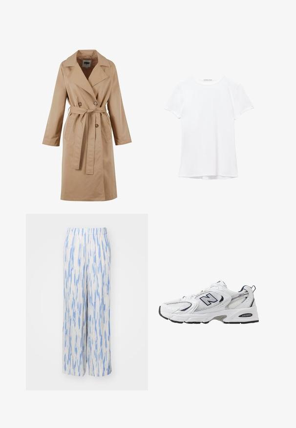 Beige trenchcoat met een dubbelgebreide ontwerp, grote kraag, strikceintuur en zijzakken. Gemaakt van een gladde, lichte stof.; Witte short-sleeve t-shirt van gladde stof, met een ronde halslijn en subtiele stiksels bij de zoom.; Lichte, wijde broeken van een witte stof met blauwe abstracte patronen. Voorzien van een elastische tailleband voor comfort en gemak bij het dragen.; Witte sport schoen met mesh bovenkant, marineblauwe accenten en een gehoorzaamde zool. Bevat het "N" logo, veters en een gestructureerde detail aan de zijkant.